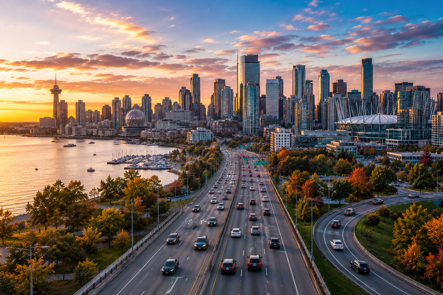 Quotesmap- Modern Canadian city skyline with busy highway traffic and waterfront during sunset, representing car insurance and driving in Canada.